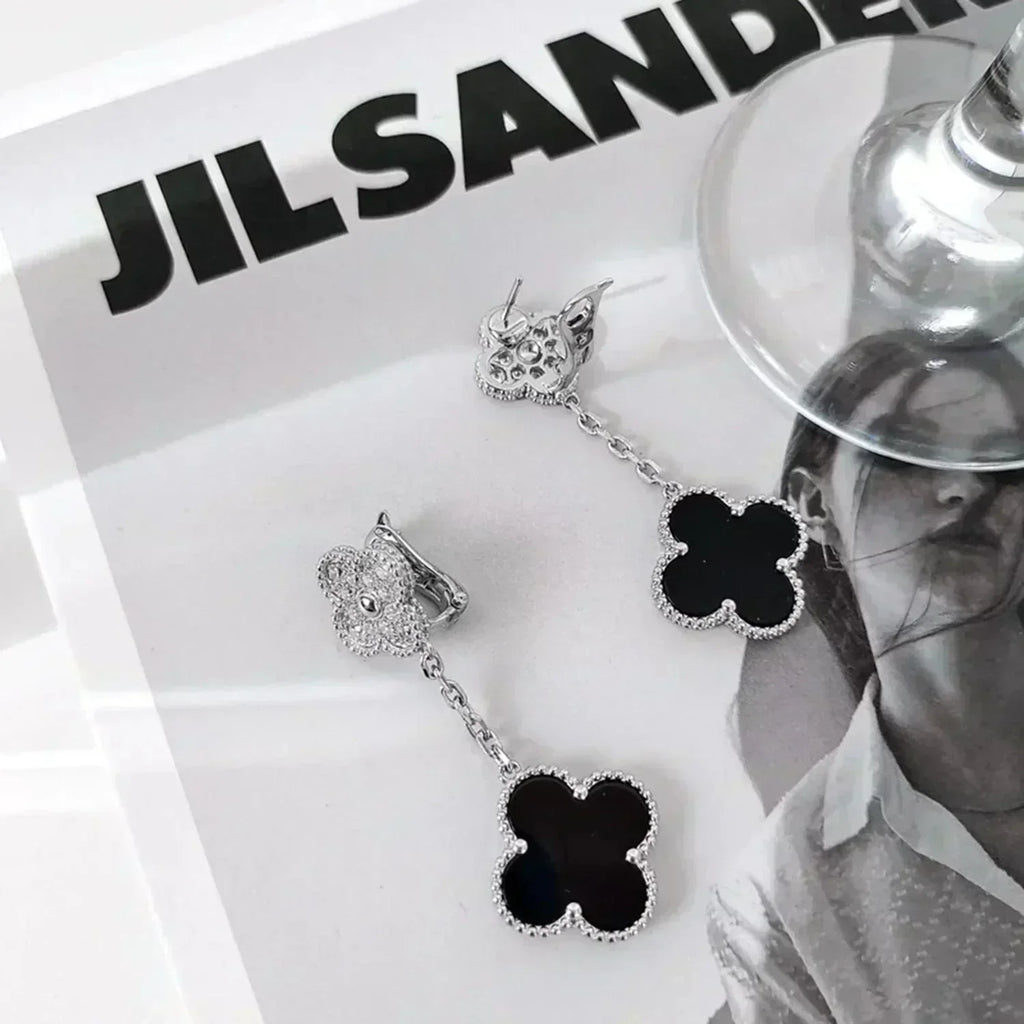 ¡®Loco¡¯CLOVER 2 MOTIFS  DIAMOND ONYX EARRINGS SILVER