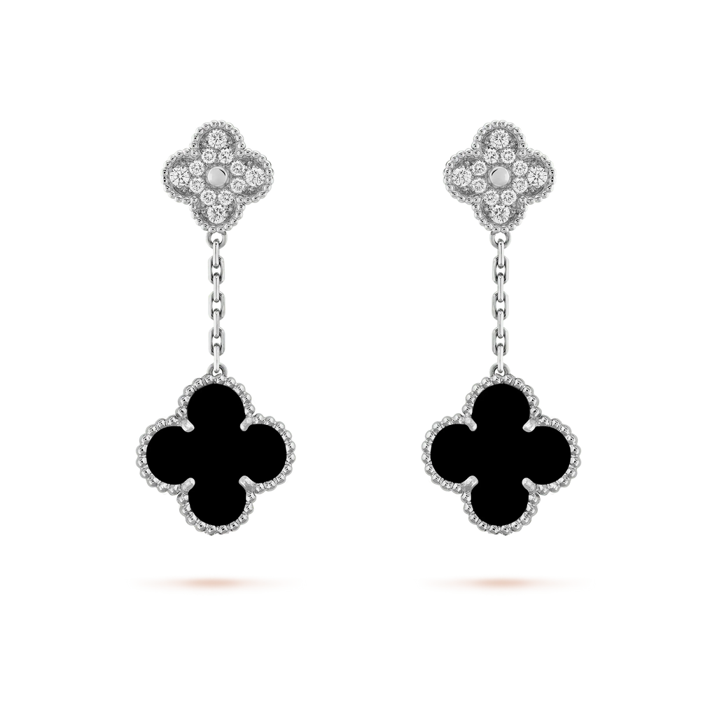 ¡®Loco¡¯CLOVER 2 MOTIFS  DIAMOND ONYX EARRINGS SILVER